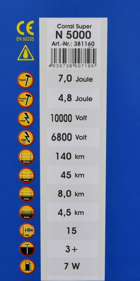 Elektryzator sieciowy Corral N 5000, na dziki, dla koni, byków, bydła, owiec i kóz, 7,0 J Elektryzator sieciowy Corral N 5000, na dziki, dla koni, byków, bydła, owiec i kóz, 7,0 J