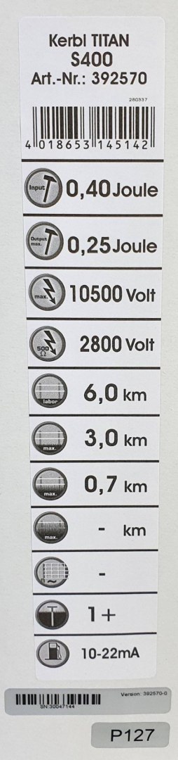 Elektryzator solarny TITAN S 400, dla koni, bydła i małych zwierząt, 0,40 J, Kerbl Elektryzator solarny TITAN S 400, dla koni, bydła i małych zwierząt, 0,40 J, Kerbl