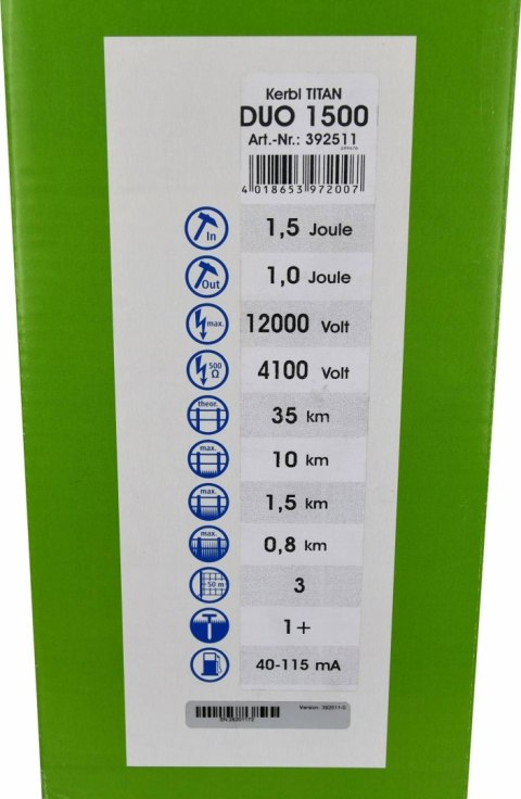 Elektryzator uniwersalny TITAN DUO 1500, dla koni, bydła i małych zwierząt, 1,5 J, Kerbl Elektryzator uniwersalny TITAN DUO 1500, dla koni, bydła i małych zwierząt, 1,5 J, Kerbl