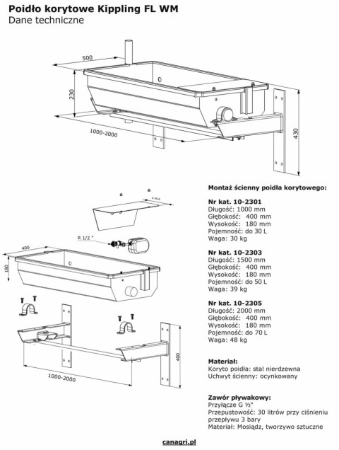 Poidło korytowe, stal nierdzewna, montaż ścienny, uchylne, 200 cm, 70 l, Kerbl Poidło korytowe, stal nierdzewna, montaż ścienny, uchylne, 200 cm, 70 l, Kerbl